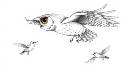 A heartwarming Pixar-inspired hand-drawn sketch depicts a blind owl with textured pencil strokes, gently guiding small birds 
