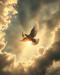 A captivating image depicts a dove carrying an olive branch, soaring through dramatic stormy skies bathed in warm golden ligh