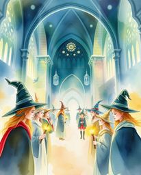 A captivating watercolor painting depicts a magical school brimming with young wizards. The artwork showcases delicate trans