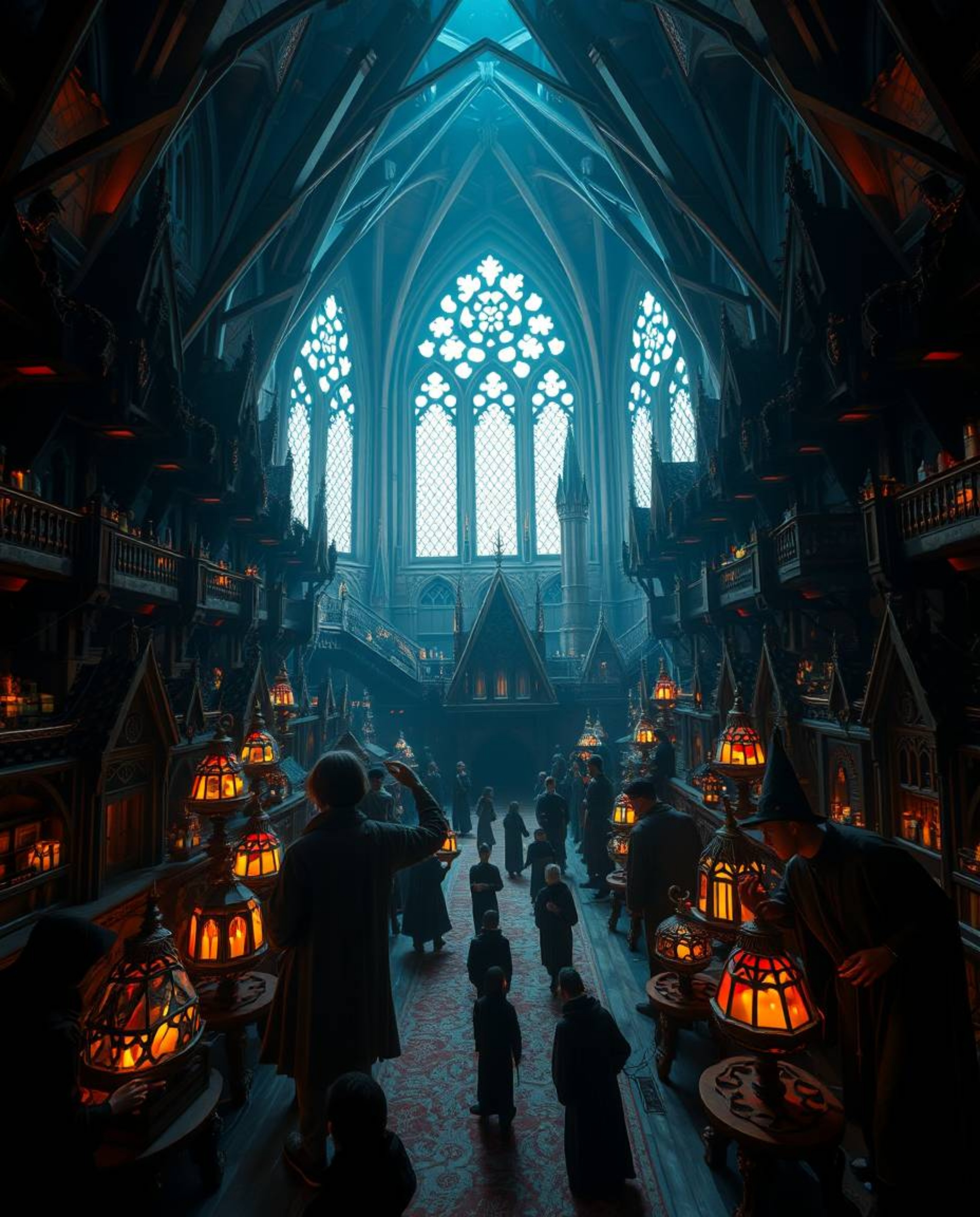 Explore a breathtaking magical school teeming with young wizards, rendered in intricate origami style and illuminated by epic