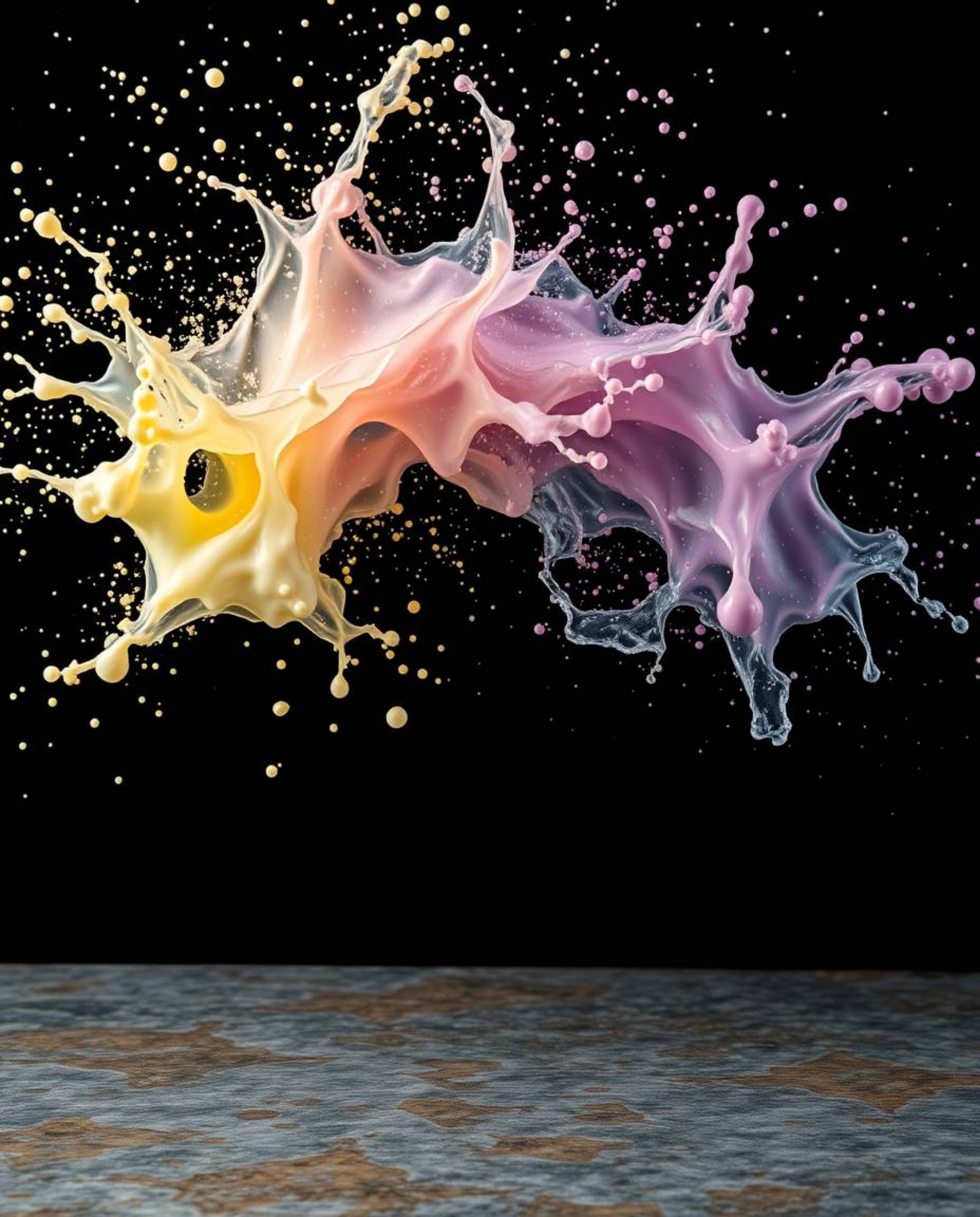 This captivating image features soft pastel colors exploding in dynamic splashes, seemingly frozen in time against a stark bl