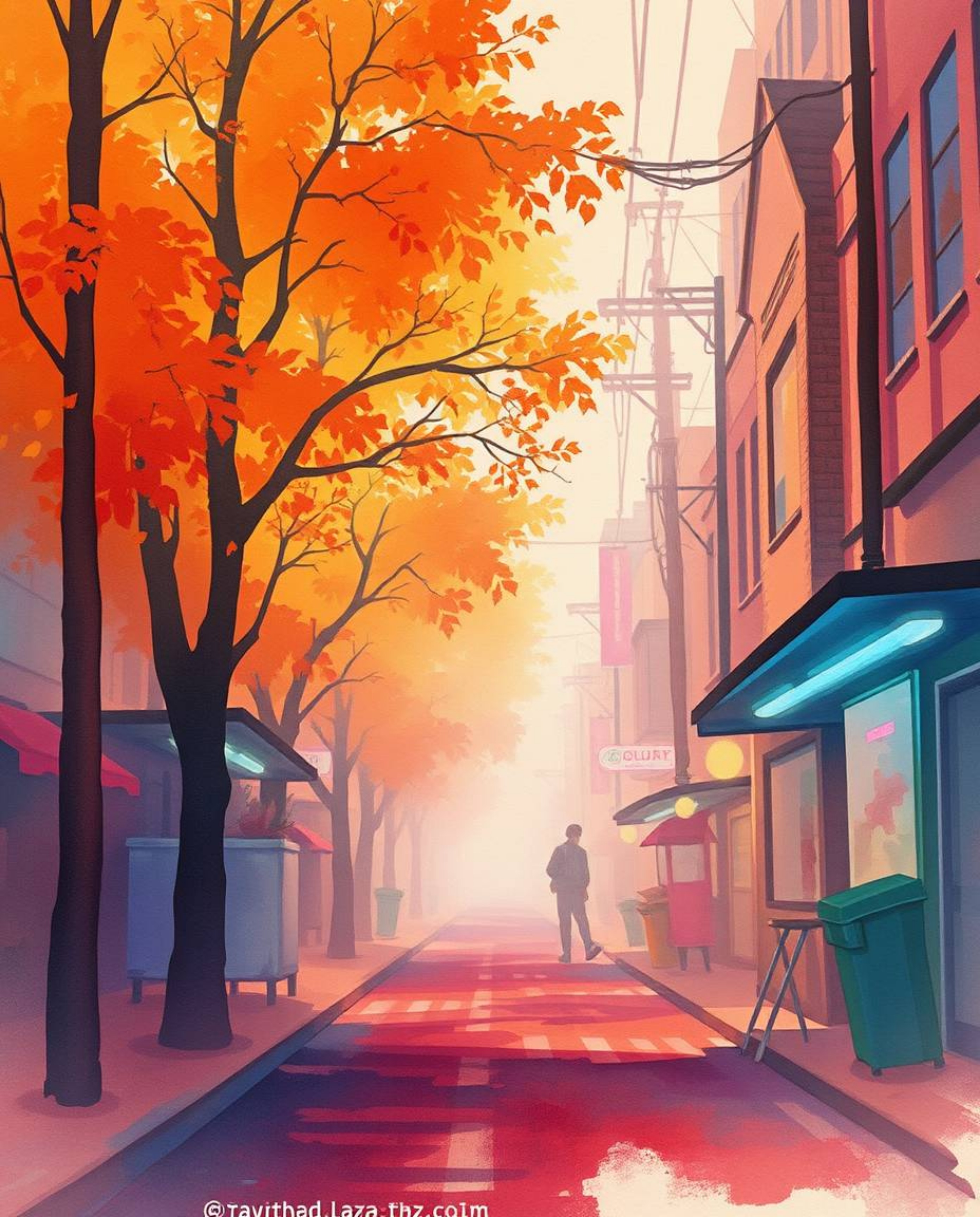 Explore a cyberpunk street scene rendered in delicate watercolor with warm autumnal hues and a pixelated glitch effect.  Neon