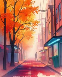 Explore a cyberpunk street scene rendered in delicate watercolor with warm autumnal hues and a pixelated glitch effect.  Neon