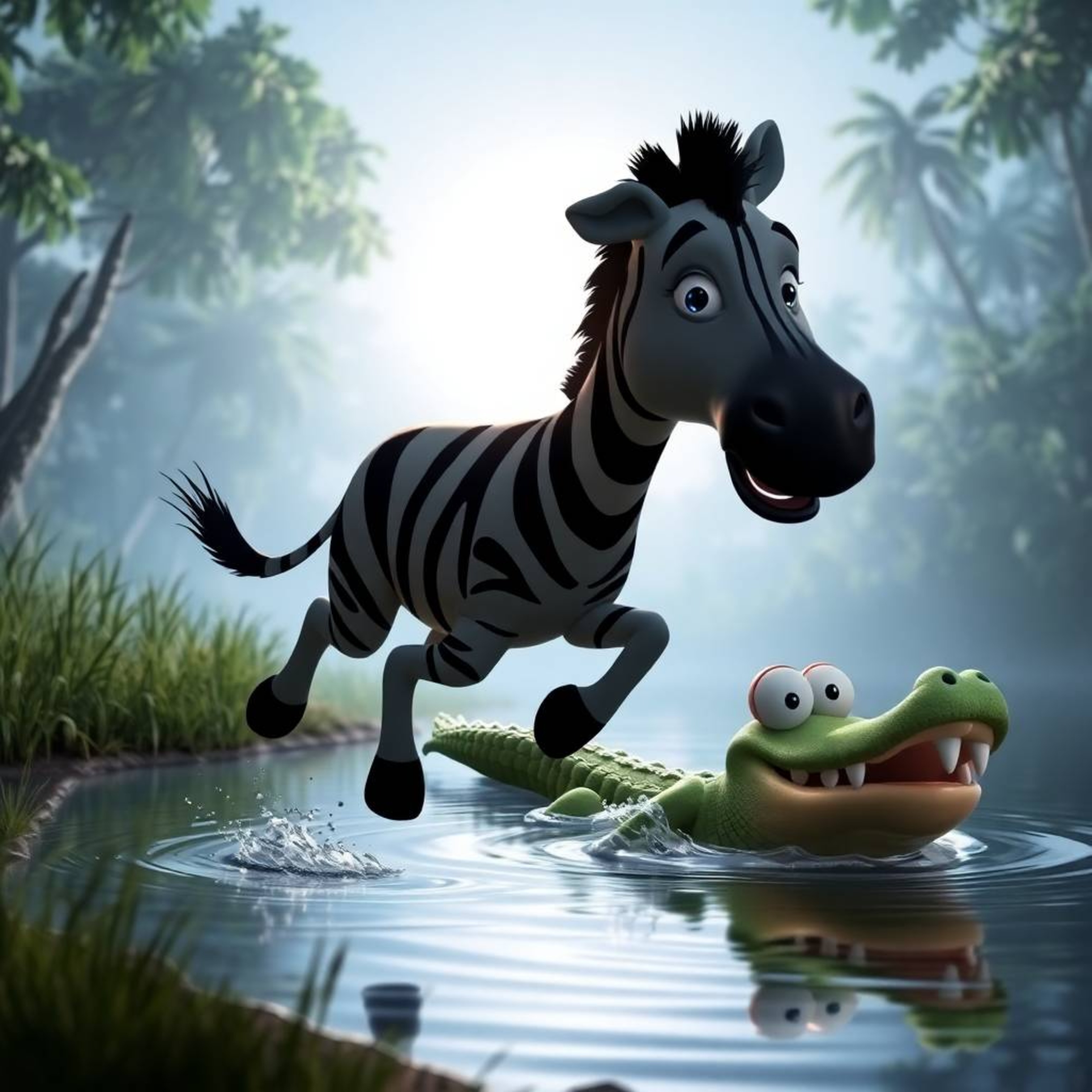 A vibrant 3D cartoon scene features a silhouetted zebra jumping towards a riverbank, its expressive eyes showing fear and ale