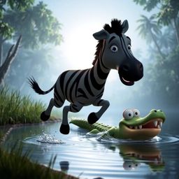 A vibrant 3D cartoon scene features a silhouetted zebra jumping towards a riverbank, its expressive eyes showing fear and ale