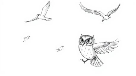 A heartwarming illustration depicts a blind owl, rendered in a charming hand-drawn sketch style akin to Pixar animations, lea