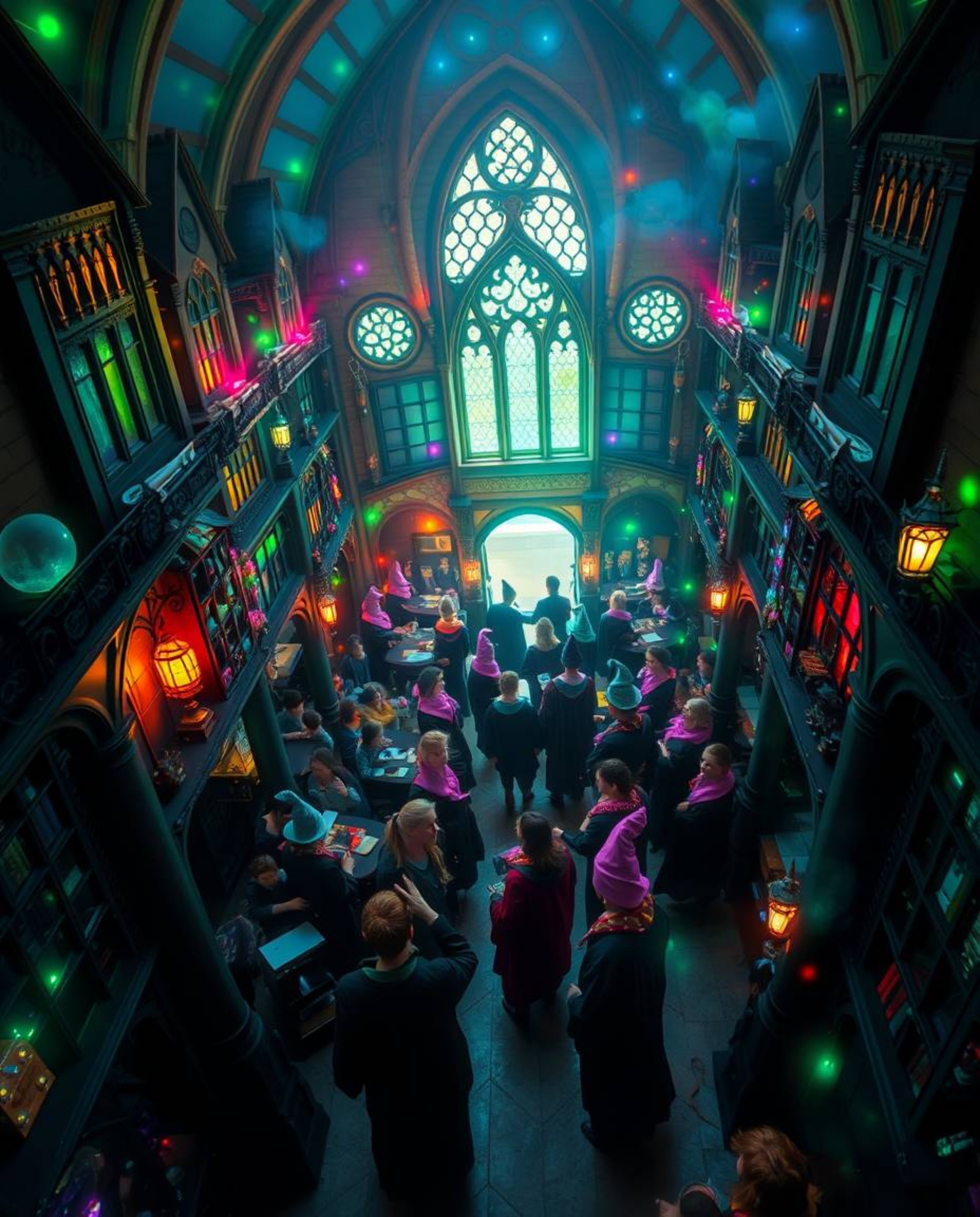 Explore a breathtaking high-angle view of a magical school teeming with young wizards, illuminated by a mesmerizing biolumine