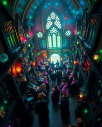 Explore a breathtaking high-angle view of a magical school teeming with young wizards, illuminated by a mesmerizing biolumine