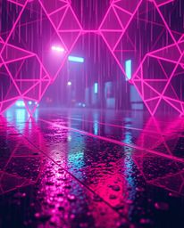 A surreal, wet rainy scene rendered in infrared tones features a seamless geometric pattern of hexagons and triangles in a vi