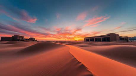 Stunning architectural photograph capturing the vibrant iridescent colors of a desert sunset reflecting on golden dunes.  The
