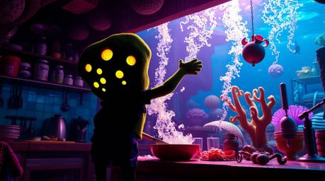 A whimsical and bizarre scene unfolds: a silhouetted sponge character cooks in a fantastical underwater kitchen, bathed in vi