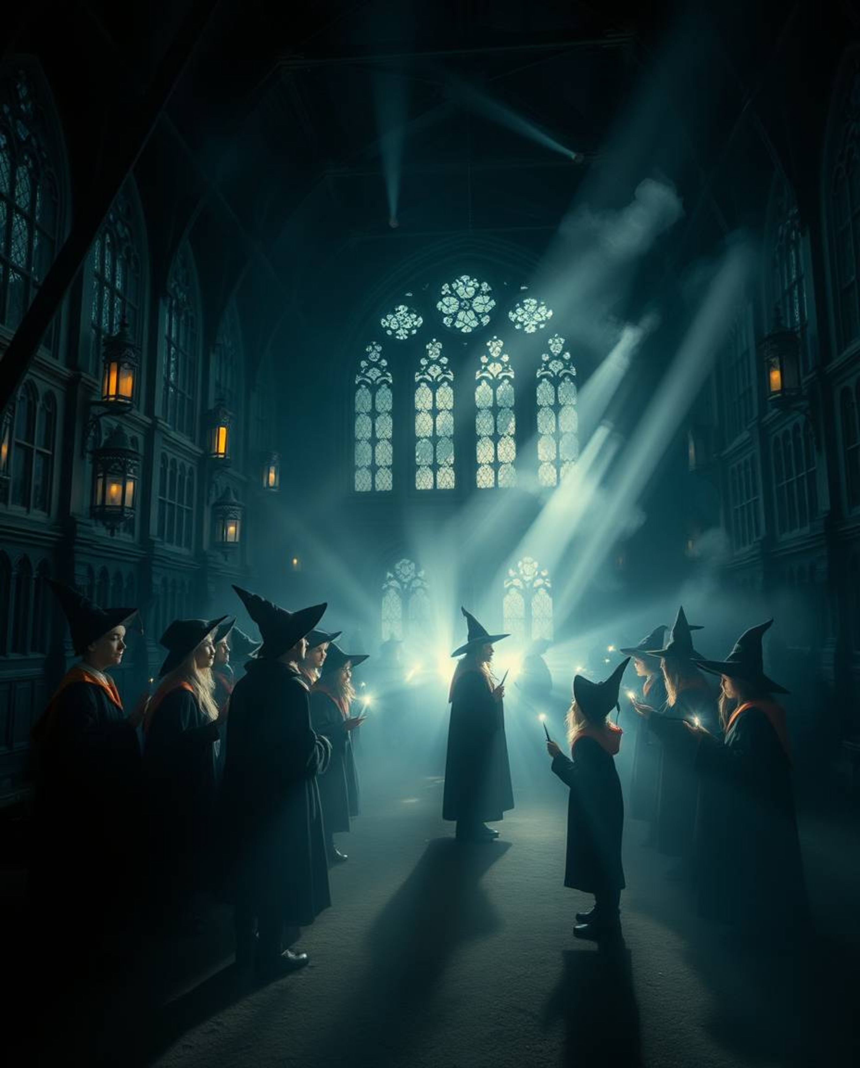Experience a magical school brimming with young wizards, bathed in captivating volumetric lighting that crafts an ethereal an