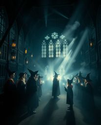 Experience a magical school brimming with young wizards, bathed in captivating volumetric lighting that crafts an ethereal an