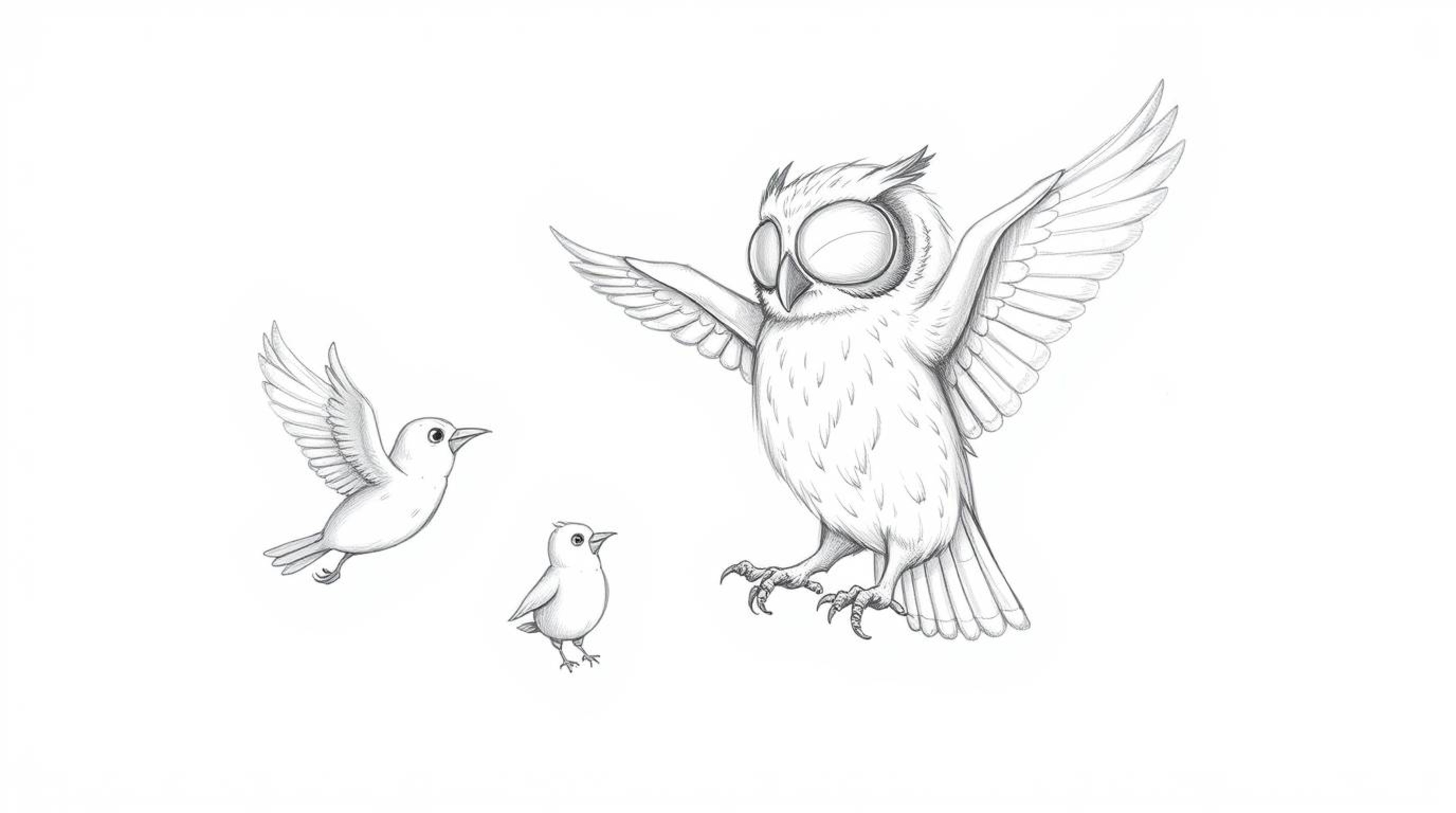 A heartwarming pencil sketch, rendered in a Pixar-esque style, depicts a blind owl patiently guiding young birds in the art o