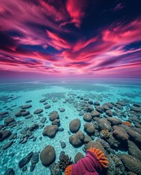 A sophisticated and elegant high-angle view captures a rich burgundy and deep blue sky over a coral reef at low tide. This el