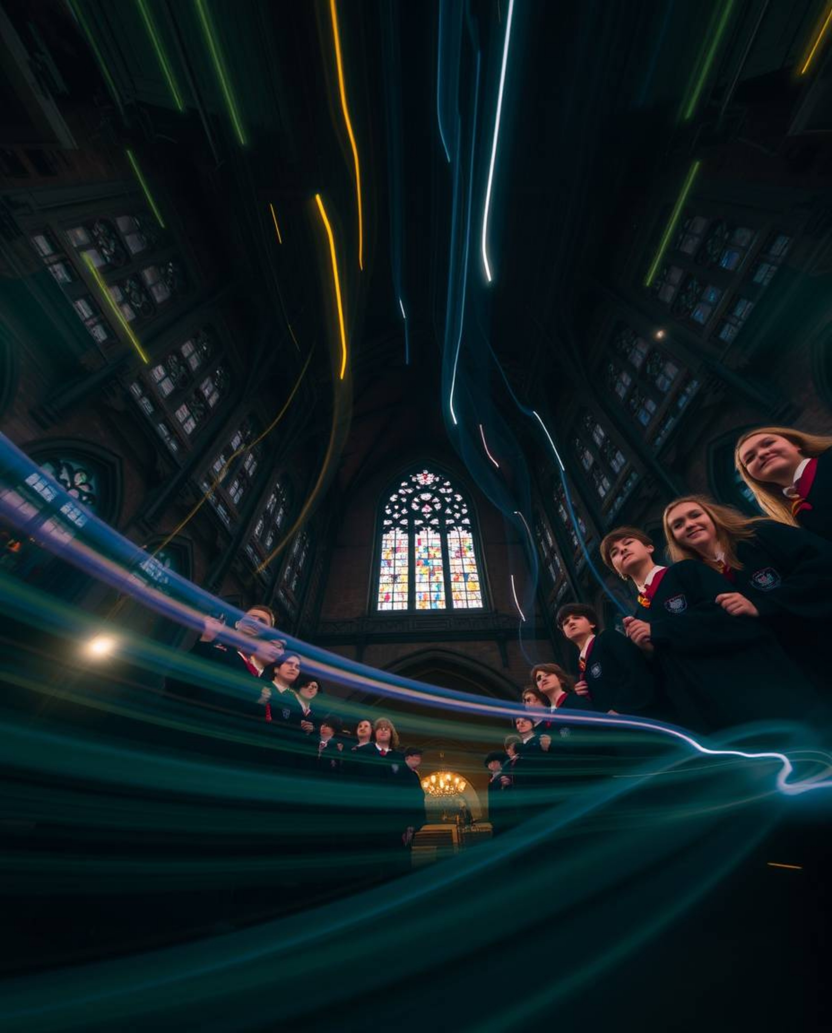 A captivating low-angle photograph showcasing a magical school teeming with young wizards. The long exposure technique create