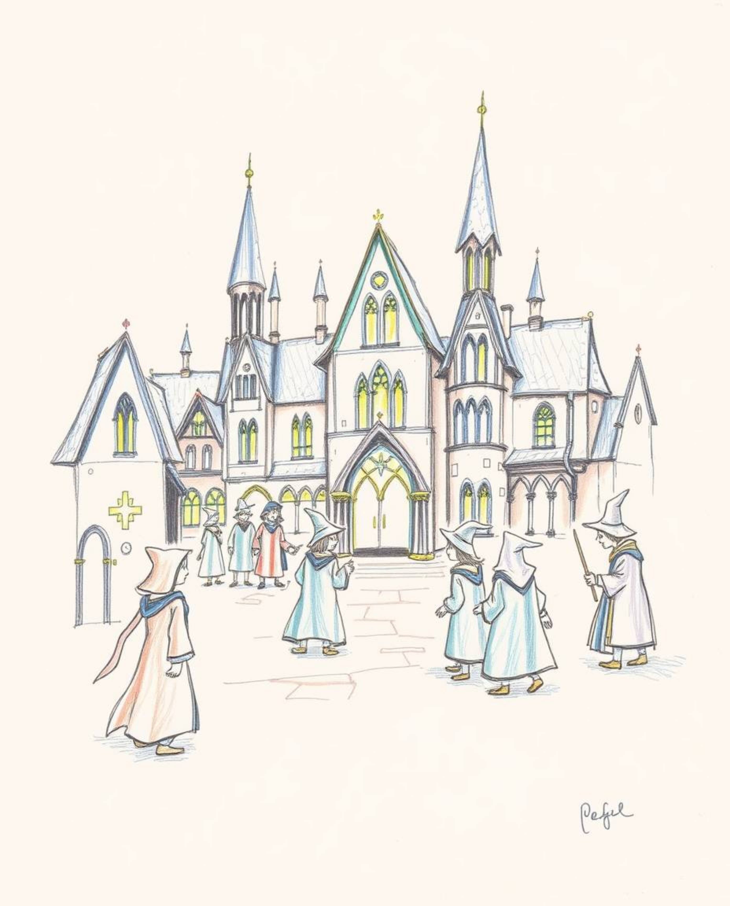 This stunning hand-drawn sketch depicts a magical school bustling with young wizards. The artwork is rendered with iridescent