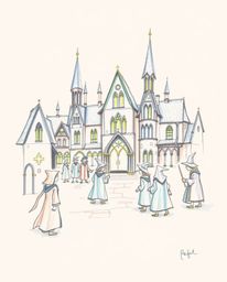 This stunning hand-drawn sketch depicts a magical school bustling with young wizards. The artwork is rendered with iridescent