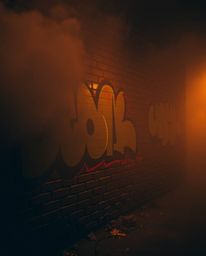 A captivating photograph showcases graffiti-style colorful splashes dynamically adorning a weathered brick wall, bathed in a 