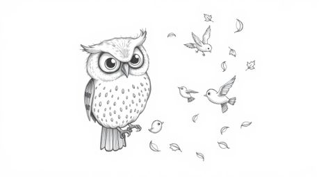 A charming hand-drawn sketch in the style of Pixar animation depicts a wise, blind owl with large, expressive eyes, gently gu