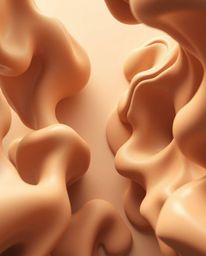 This artwork features 3D abstract liquid forms presented from a high-angle perspective, rendered in natural earth tones and m