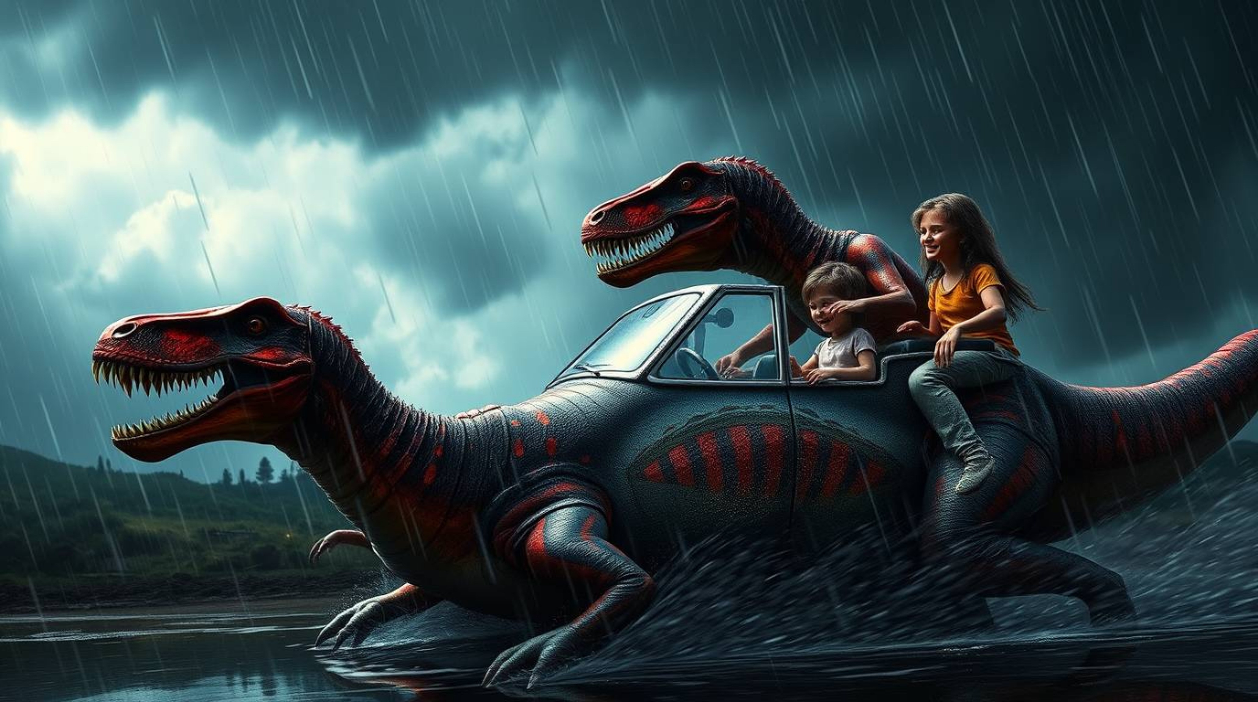 A thrilling scene unfolds: a prehistoric family with reddish-brown skin speeds through a stormy sky in their dinosaur car.  I