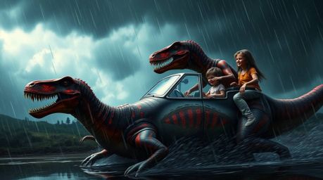 A thrilling scene unfolds: a prehistoric family with reddish-brown skin speeds through a stormy sky in their dinosaur car.  I