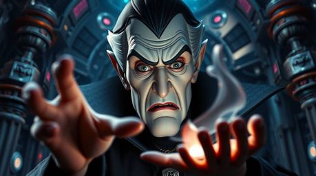 A classic Disney villain with detailed facial features and dark eyes is depicted casting a spell within either a futuristic o