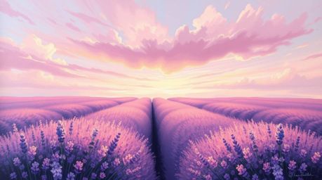 Immerse yourself in the beauty of classic oil painting with scenes of lavender fields bathed in a dreamy pink sky. These artw