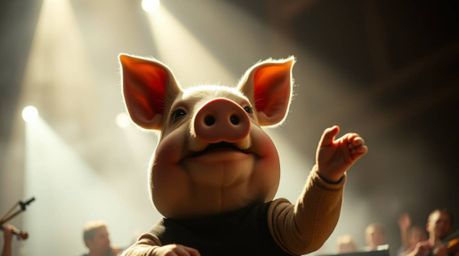 This image features a captivating close-up shot of a pig character passionately conducting an orchestra. The scene is dramati