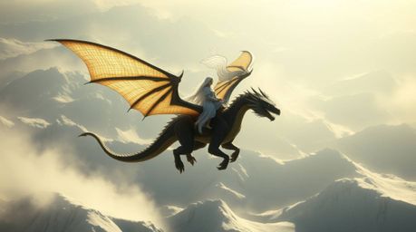 A dragon and rider soar above icy mountains, bathed in harsh, yet enveloping light that casts deep shadows and enhances the m