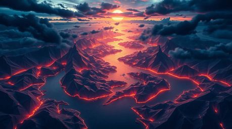 A high-angle, intricately crafted origami-style illustration captures a river delta bathed in twilight hues, emphasizing a dr