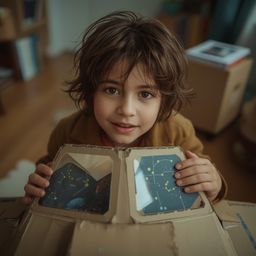 Exquisite high fashion photography captures a boy with messy brown hair and bright, curious eyes, building an intricately des