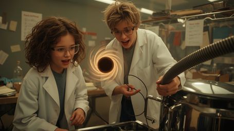 A highly detailed, cinematic photograph captures a moment of frenetic, scientific discovery in a Pixar-inspired style. Two ex