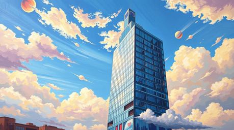 This bold acrylic painting depicts a captivating scene of a modern glass building dissolving into the sky and soft clouds, em