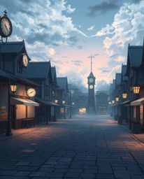 A serene and intriguing scene depicting an empty Isekai-inspired town square, characterized by the gentle ticking of clocks a