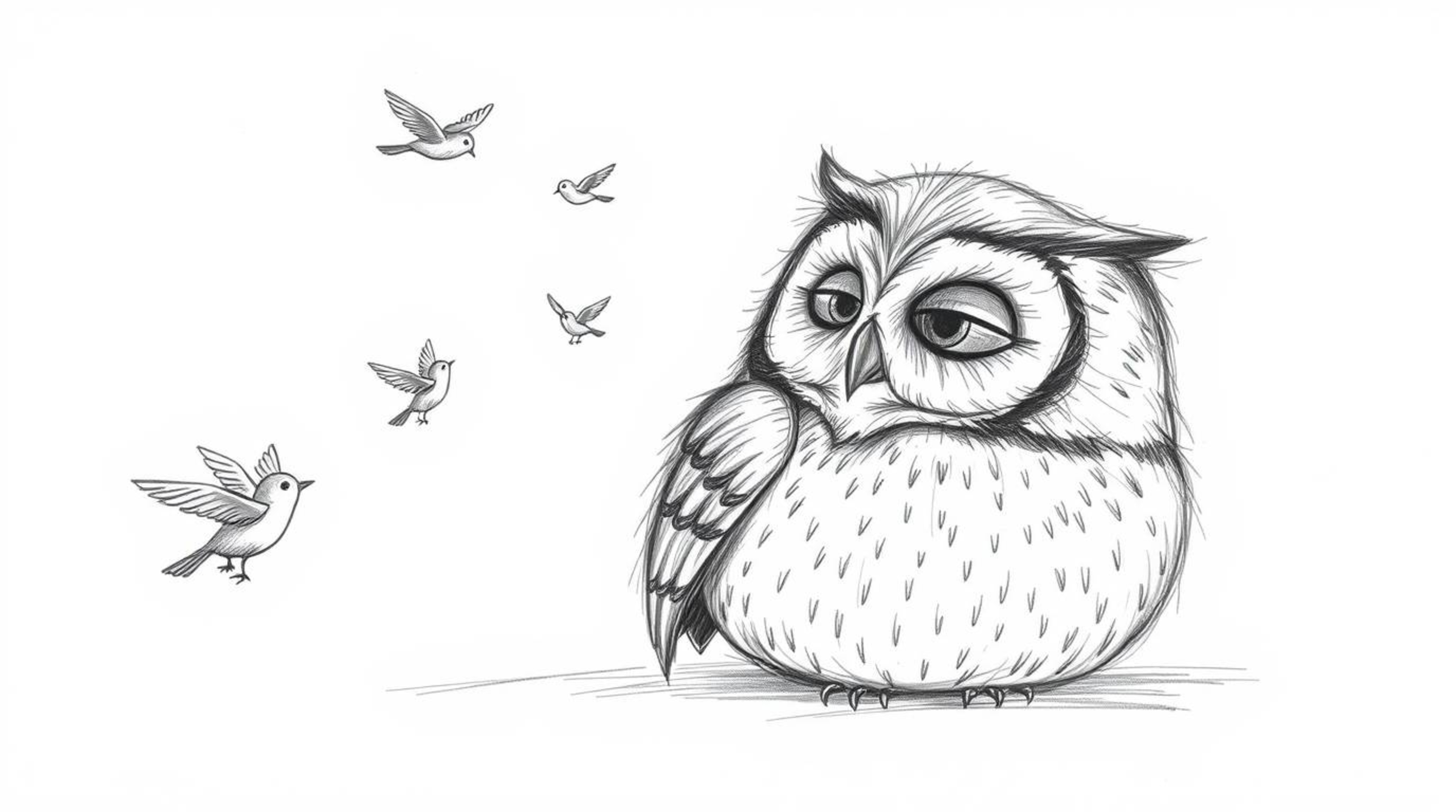 A heartwarming hand-drawn sketch in the style of Pixar depicts a blind owl with soft, feathery texture, resting peacefully ag