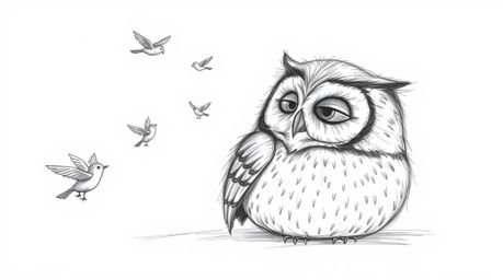 A heartwarming hand-drawn sketch in the style of Pixar depicts a blind owl with soft, feathery texture, resting peacefully ag