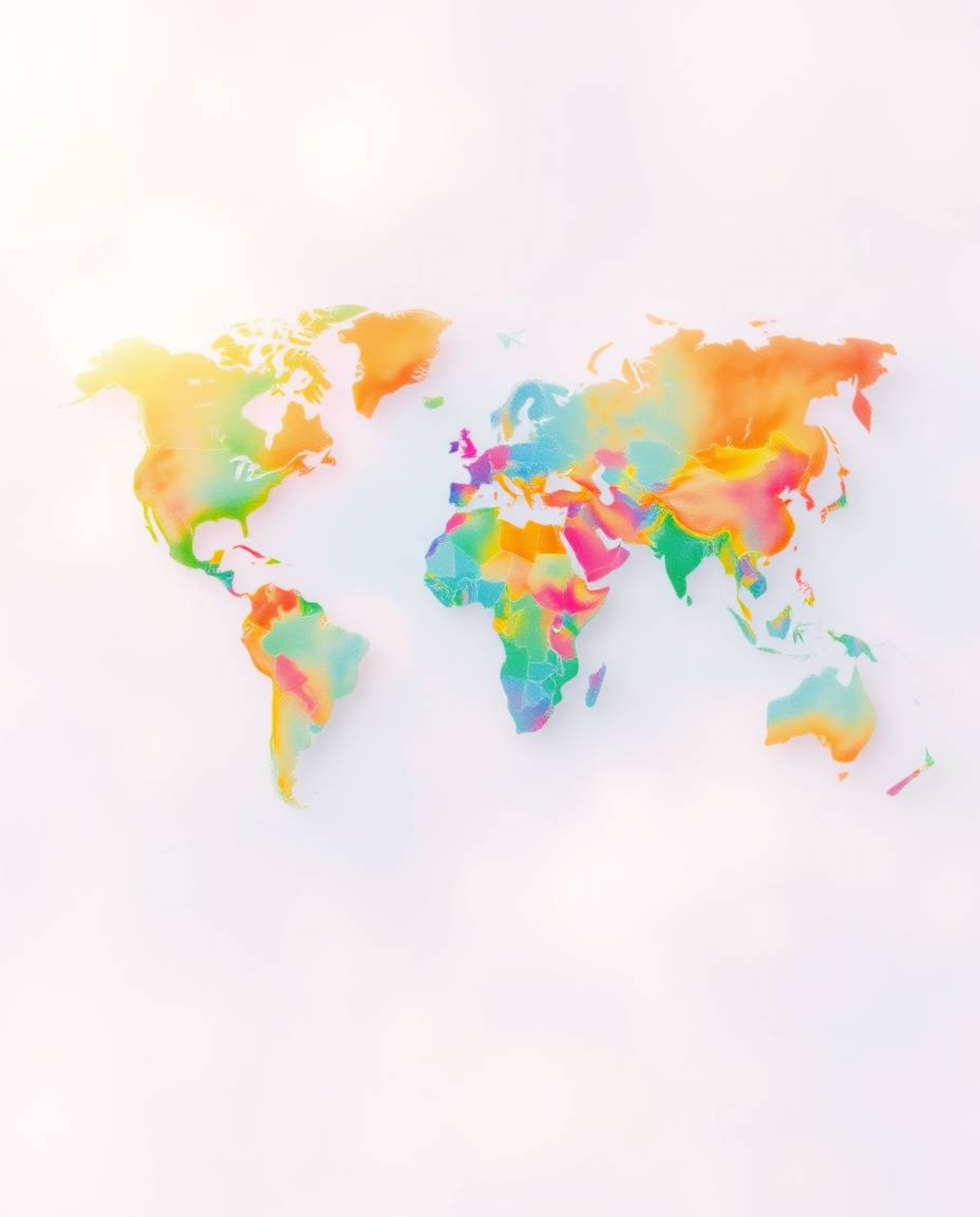 This artwork presents a soft pastel rendering of a world map, creatively formed from bright and colorful splashes. The image 