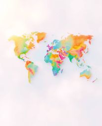 This artwork presents a soft pastel rendering of a world map, creatively formed from bright and colorful splashes. The image 