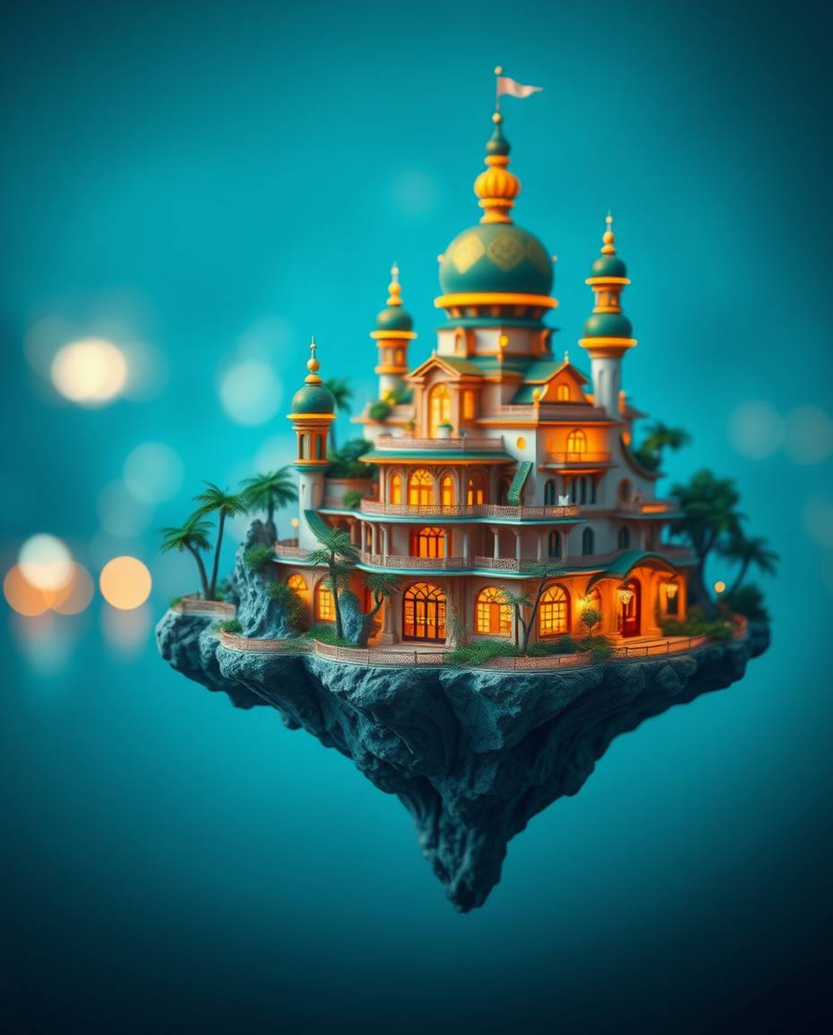 Explore a surreal floating island brought to life with a rich deep teal color palette and vibrant, luxurious architecture.  T