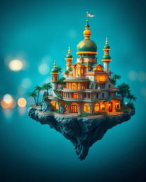 Explore a surreal floating island brought to life with a rich deep teal color palette and vibrant, luxurious architecture.  T