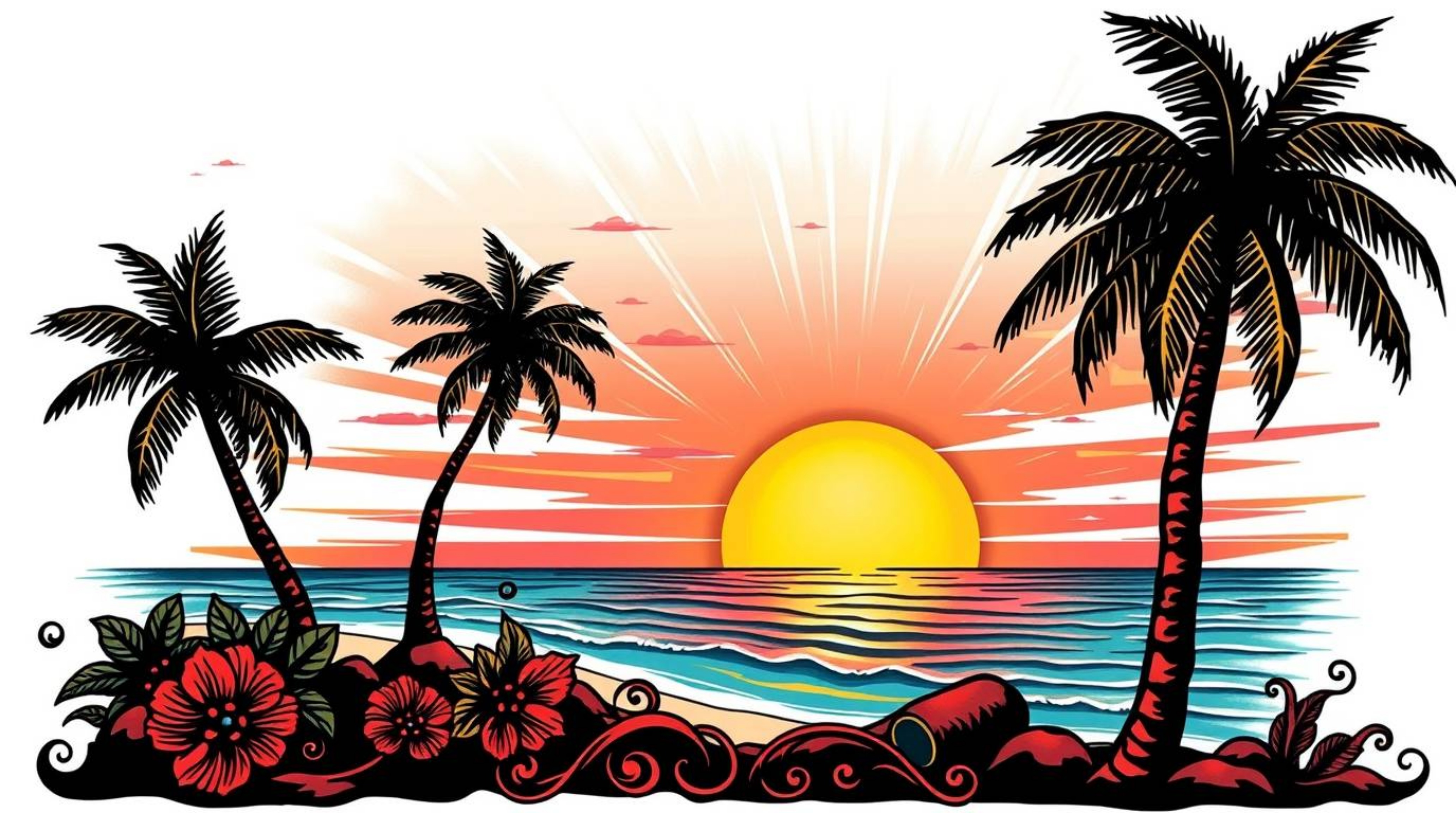 A vibrant, retro-style traditional tattoo art print depicting a stunning tropical beach sunset.  The design features swaying 