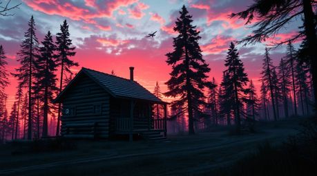 Explore a captivating futuristic sci-fi scene featuring an old wooden cabin nestled deep within the woods at sunset. Rendered