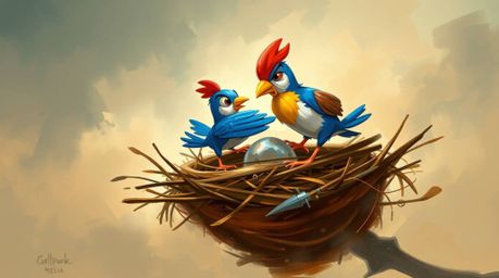 A captivating digital sketch showcases two cartoon birds diligently constructing a nest in a classic animation style. The im