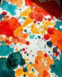 Explore the captivating high-angle perspective of colorful watercolor splashes on paper, showcasing vivid tones and a chaotic
