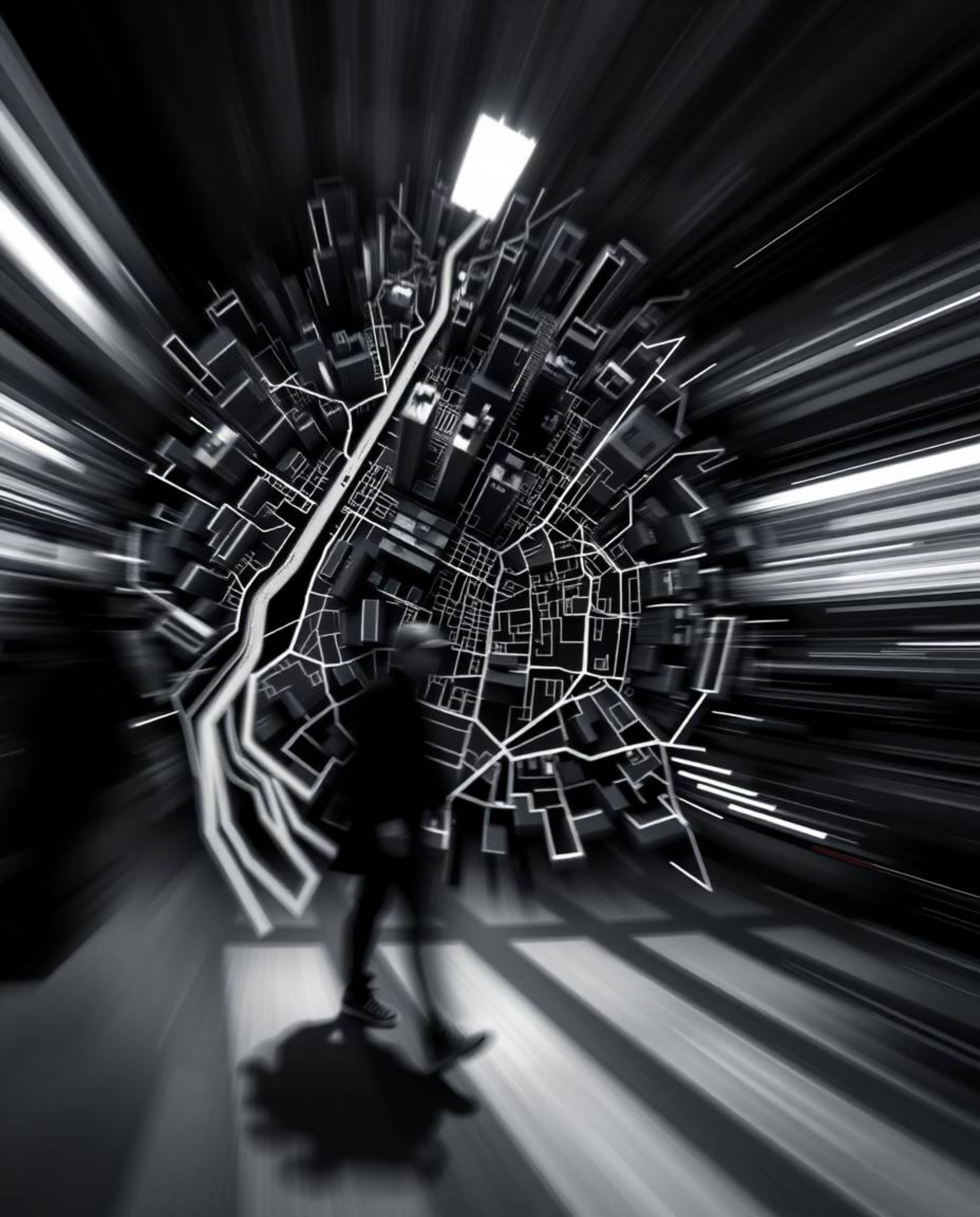 Experience the dynamism of an abstract city map depicted in motion. This high-contrast image showcases geometric shapes with 