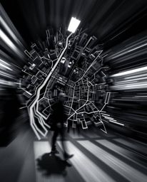 Experience the dynamism of an abstract city map depicted in motion. This high-contrast image showcases geometric shapes with 