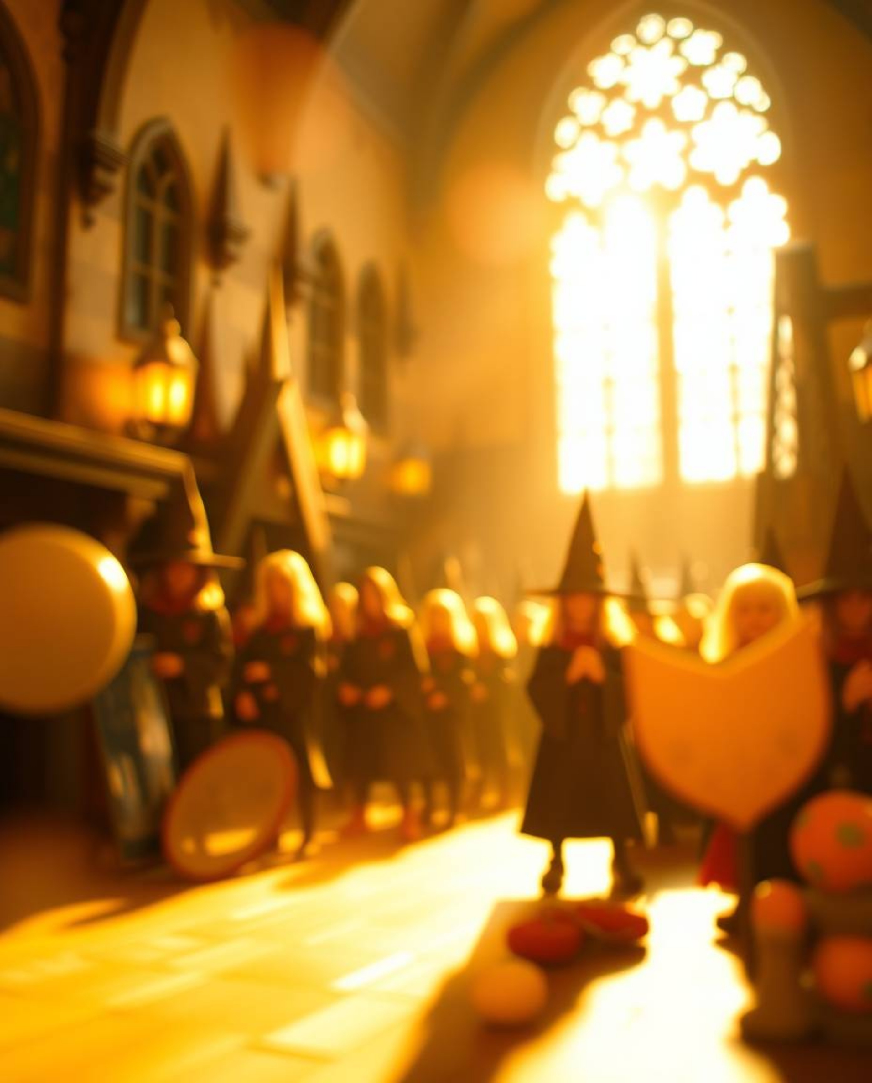 A captivating image of a magical school filled with young wizards, bathed in the warm, soft light of golden hour.  The blurre