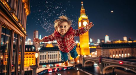 A captivating image of a young boy seemingly flying with pixie dust above the iconic London skyline. This creative light art